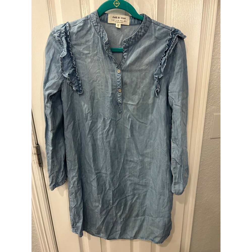 Cloth & Stone Dress Blue Ruffle Shoulder Henley Tencel Shift Mini